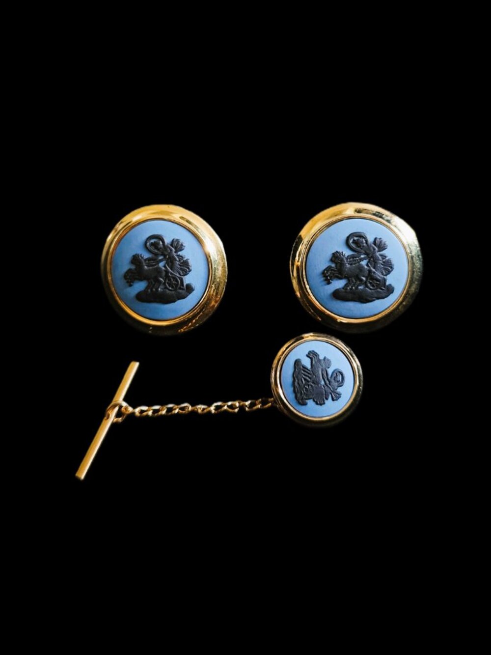 Vintage Wedgwood Black Basalt & Blue Jasperware Cufflinks & Tie Pin Set Gold 5μ